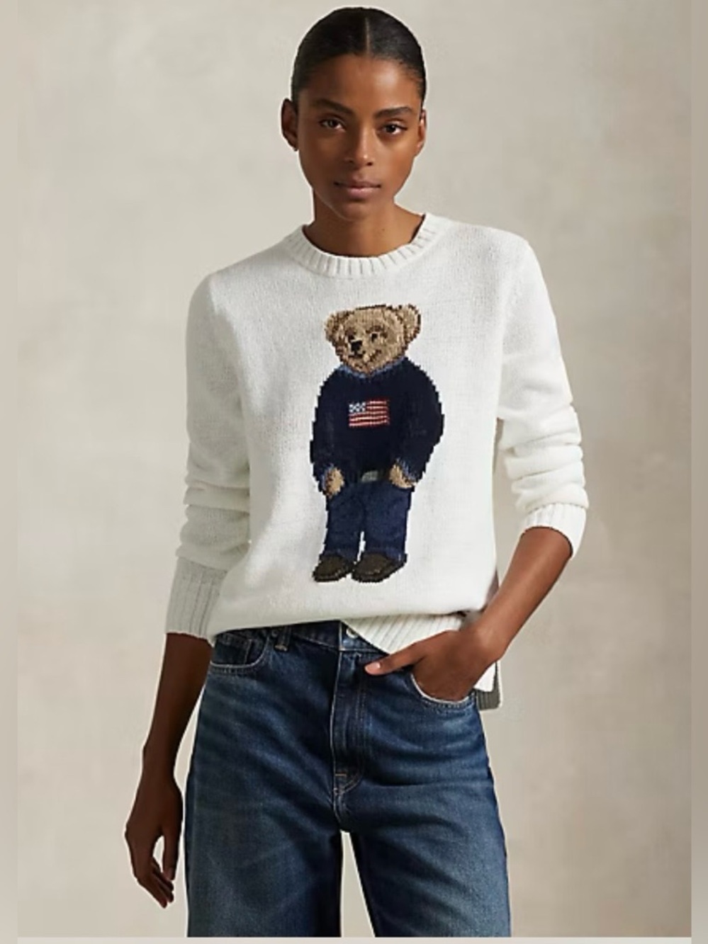 Polo Ralph Lauren Polo Bear flag linen blend sweater in white